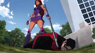 Starfire anime BALLBUSTING kick from behind NightWing, Teen Titans