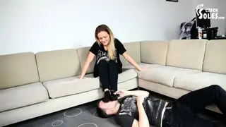 Blonde Femdom Makes Her Slave Worship Her Stinky Socks