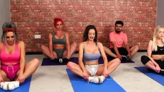 CFNM yoga babes jerk cock in group