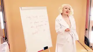 JOI jerk off instructions FOR GIRLS - FemDom POV backstage video - fetish Mistress in PVC Vinyl Coat